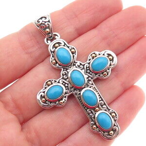 Samuel Benham 925 Sterling Silver 18K Gold Real Turquoise Cross Beaded Pendant